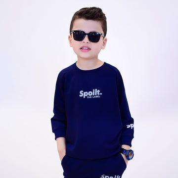 NAVY BLUE "SPOILT THE LABEL" PRINT TERRY FABRIC SUIT FOR WINTERS